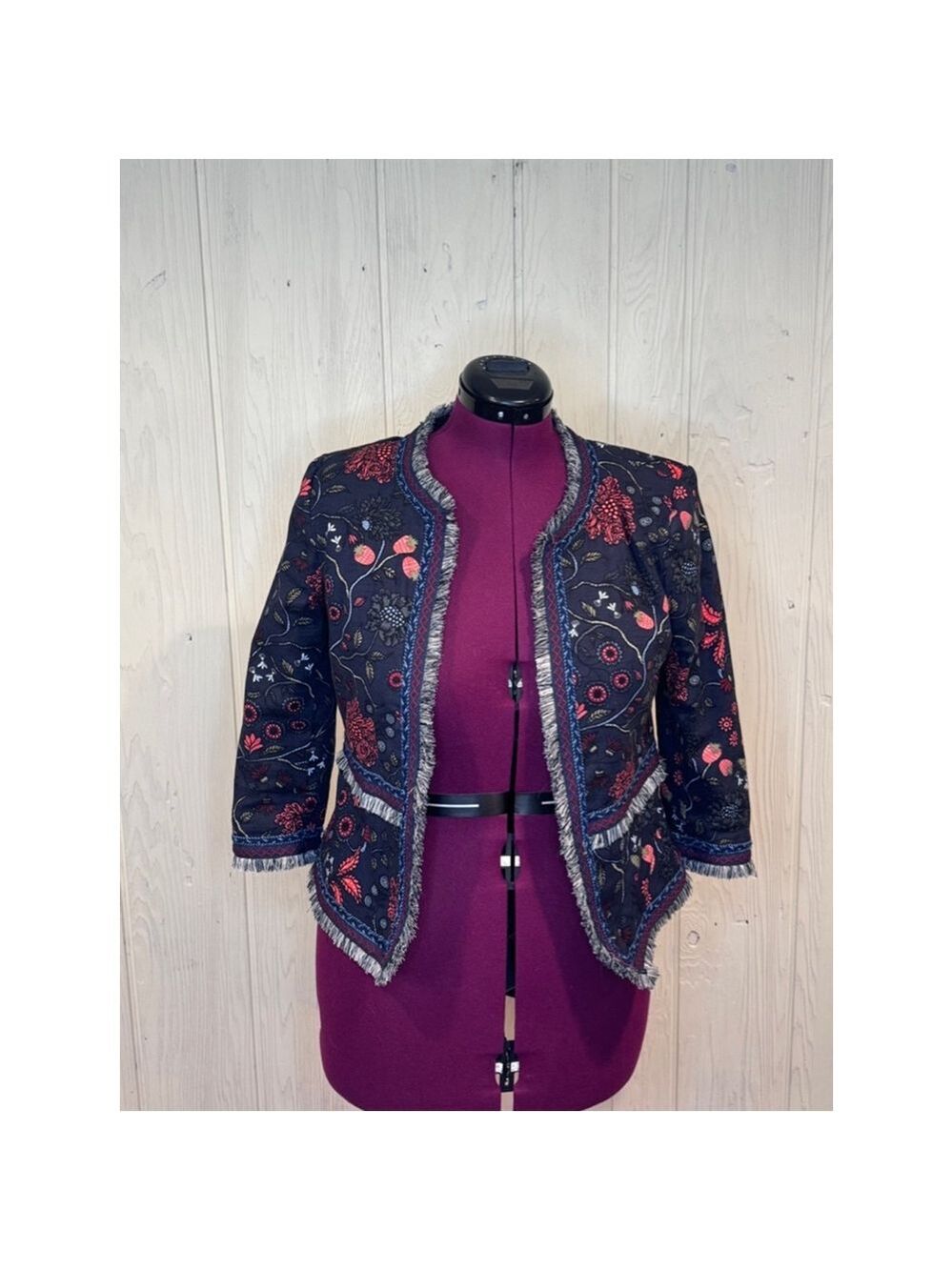 LOFT Primevira Strawberry Embroidered Fringe Open Black Red jacket size 4 - Picture 1 of 16